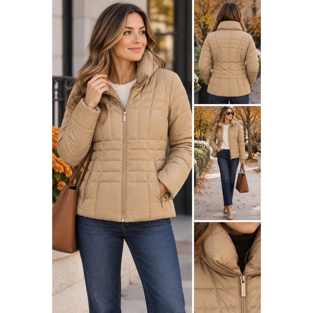 Calvin Klein Puffer Jacket Tan Quilted Down Feather Fill Winter Coat Large